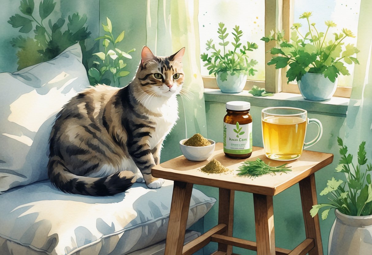 A cat sitting on a cushion next to a table with natural plants and remedies arranged nearby in a cozy room.