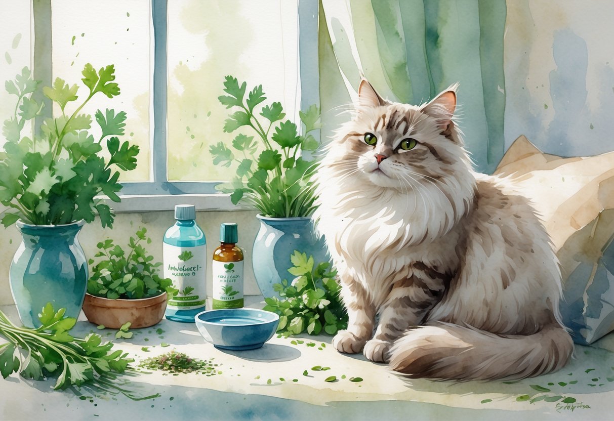 A fluffy cat sitting calmly indoors next to fresh herbs and a bowl of water, surrounded by soft light.