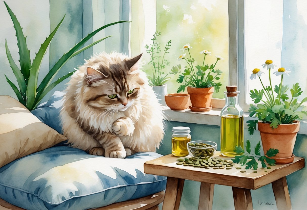 A fluffy cat grooming itself on a cushion next to a table with natural plants and remedies in a warm, sunlit room.
