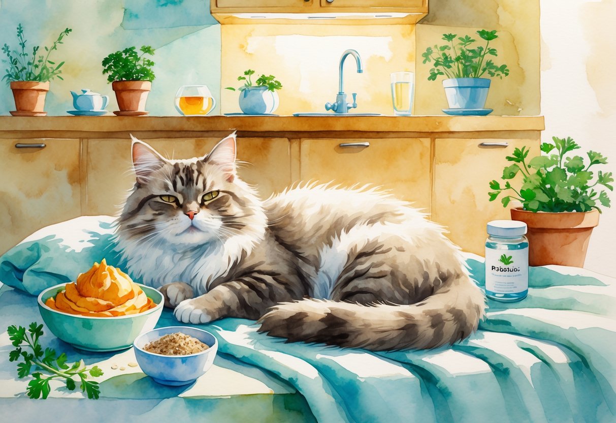 A calm cat resting on a blanket surrounded by natural home remedy items like pumpkin puree, chamomile tea, parsley, and probiotics in a cozy kitchen setting.