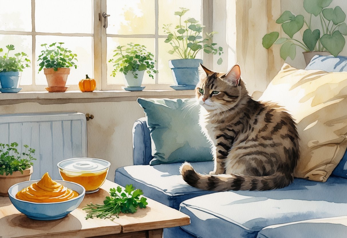 A cat sitting quietly on a cushion in a cozy living room with a table holding natural home remedy ingredients nearby.