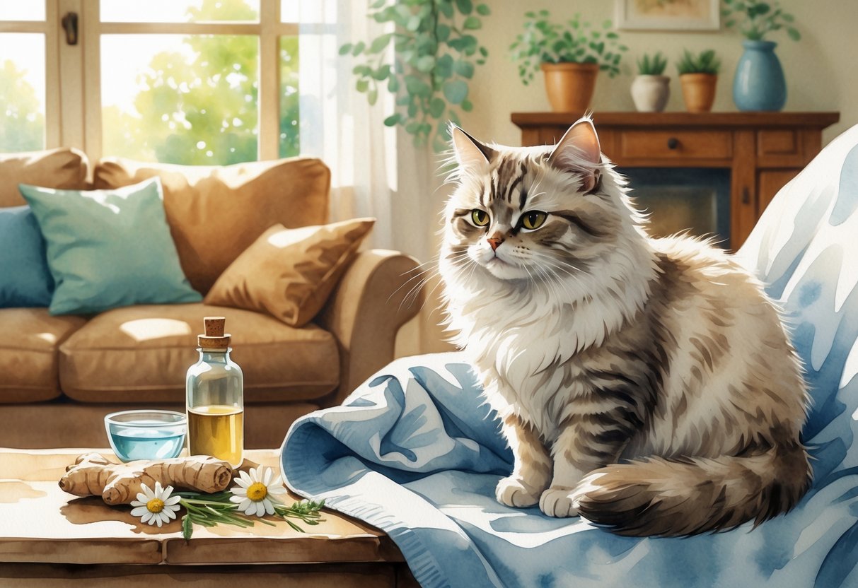 A calm cat resting on a blanket with natural home remedy items nearby in a cozy living room.