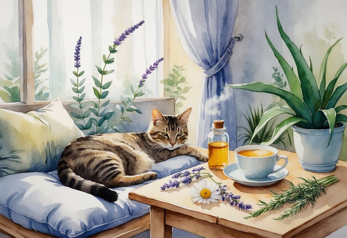 A peaceful indoor scene showing a cat resting near a table with natural plants, essential oils, and herbal tea.