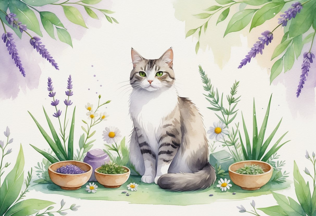 A calm domestic cat sitting surrounded by natural plants and herbs used for allergy relief and grooming.