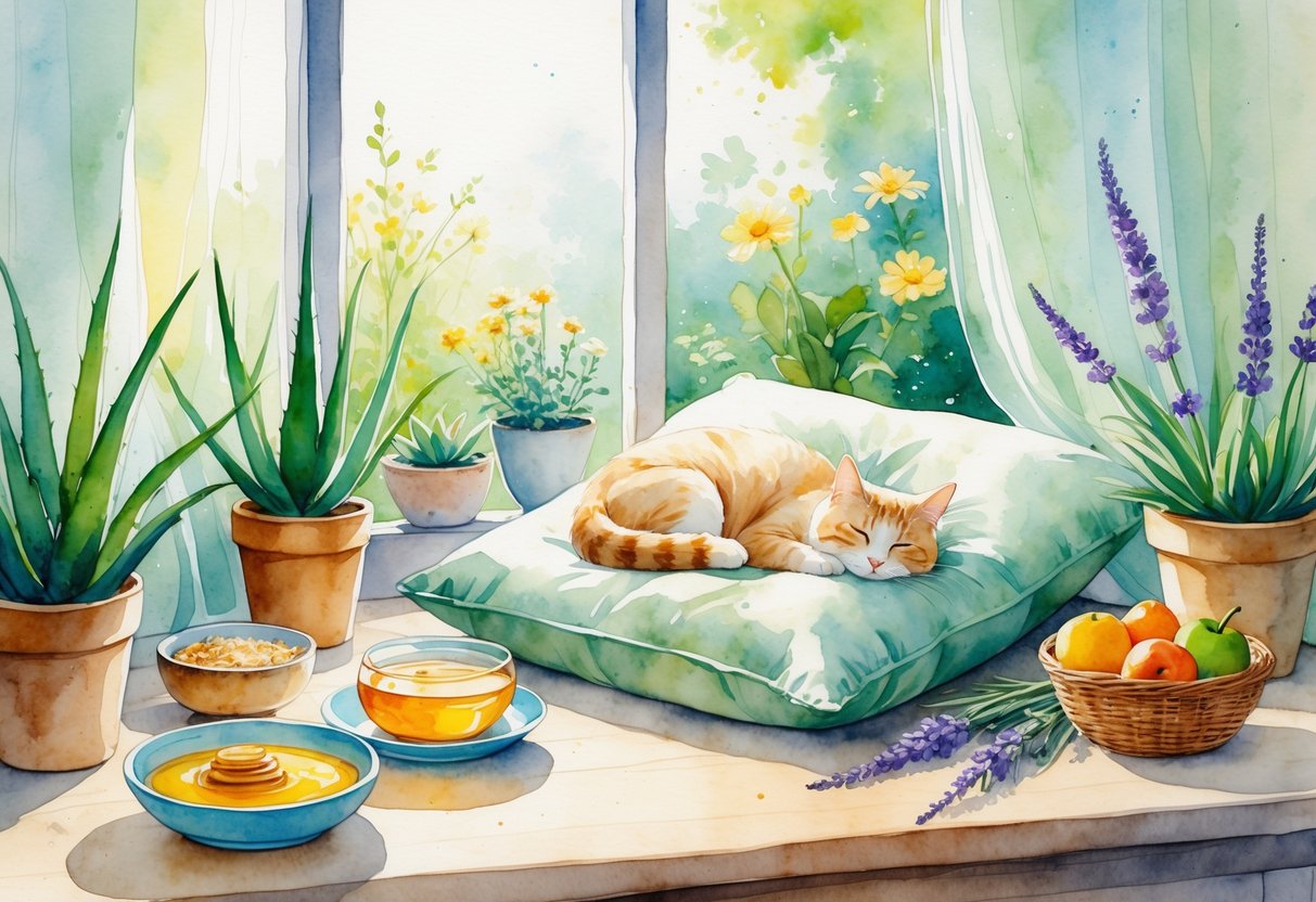 A cozy indoor scene with a relaxed cat near a window, surrounded by plants, herbal remedies, and fresh fruits and vegetables.