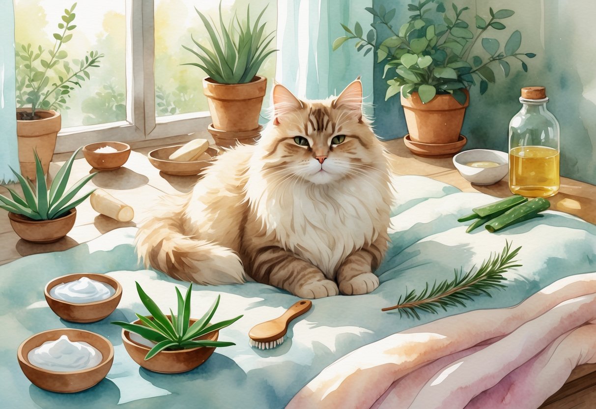 A fluffy cat sitting on a blanket surrounded by natural home remedy ingredients like coconut oil, aloe vera, apple cider vinegar, and rosemary in a cozy indoor setting.