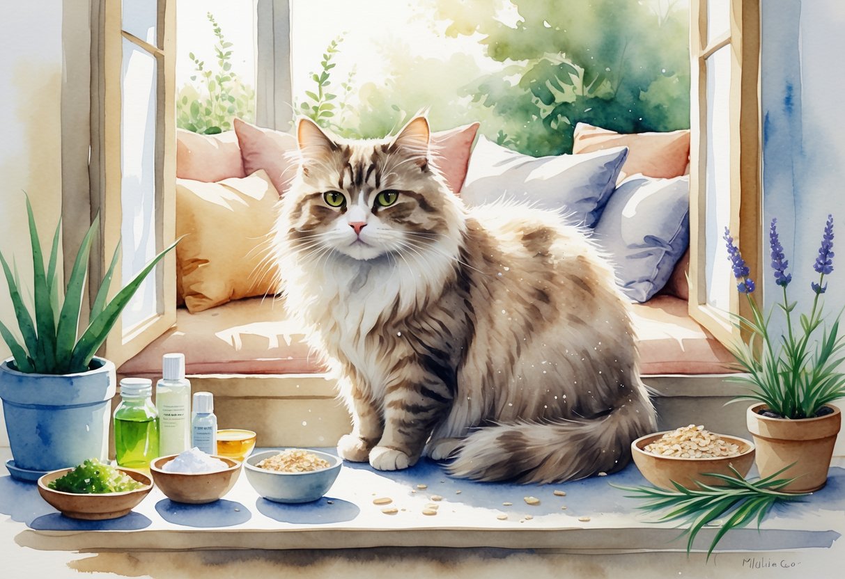 A fluffy cat sitting on a windowsill surrounded by natural home remedy ingredients like aloe vera, coconut oil, oatmeal, and fresh herbs in a cozy living room.
