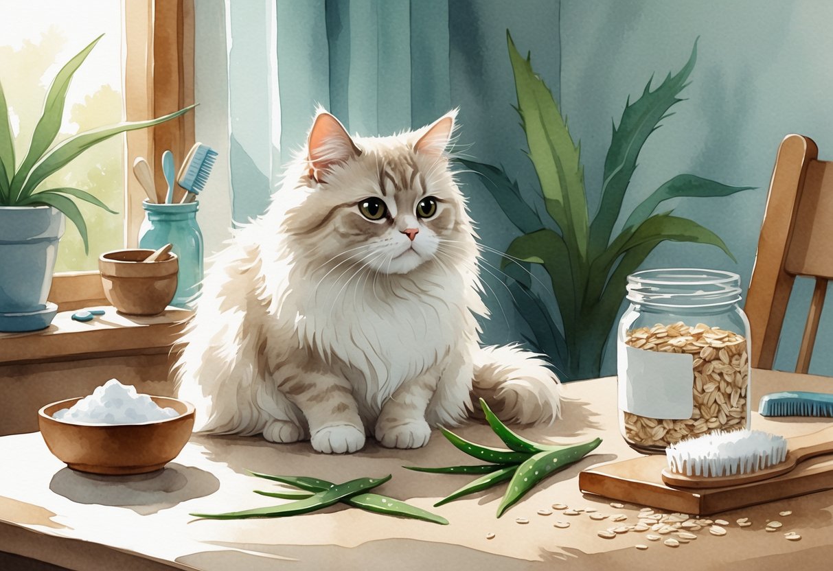 A cat sitting calmly on a table with visible dandruff on its fur, surrounded by natural home remedy items like coconut oil, aloe vera, and oatmeal in a cozy indoor setting.