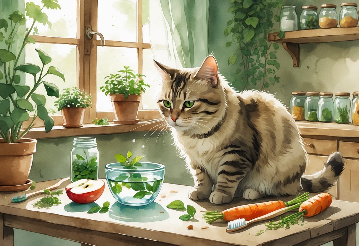 A cat sitting on a table surrounded by natural ingredients like mint, parsley, and apple slices, with a toothbrush and homemade toothpaste nearby in a warm kitchen setting.