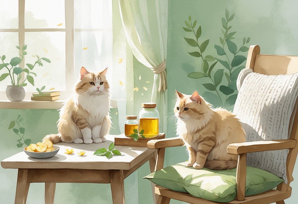 A calm cat sitting on a cushion next to a table with natural home remedy ingredients like ginger, chamomile, mint, and honey in a cozy room with soft lighting.