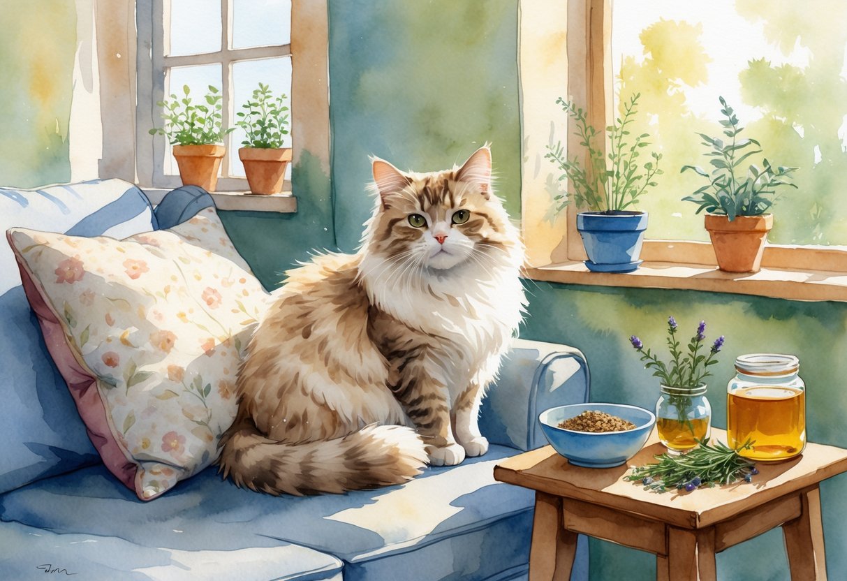 A calm cat sitting on a cushion next to a table with natural home remedy items in a softly lit room.