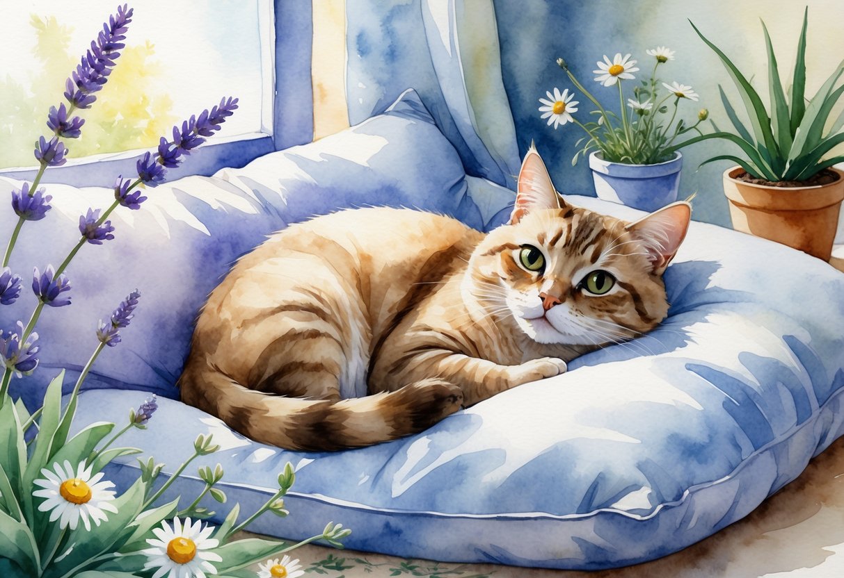 A calm cat resting on a cushion surrounded by lavender, chamomile flowers, and a potted aloe vera plant in a softly lit room.
