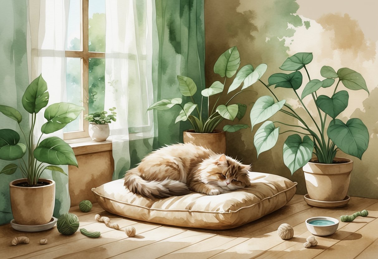 A relaxed cat resting on a cushion in a cozy corner with plants and soft natural light.