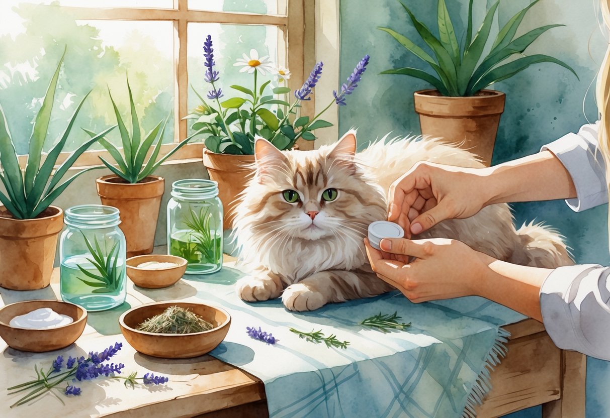 A person gently caring for a calm cat with a small sore, surrounded by natural remedies like aloe vera, lavender, and chamomile on a wooden table near a sunlit window.