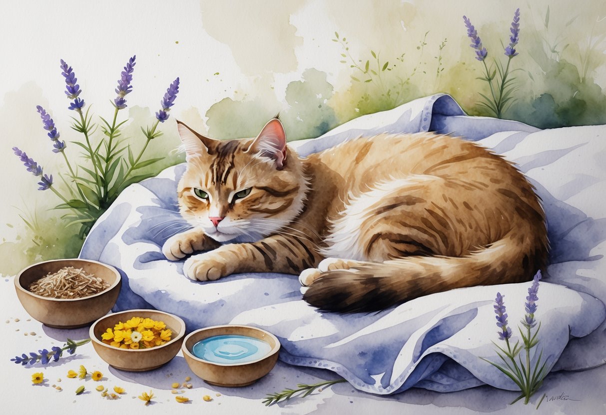 A calm cat resting on a blanket surrounded by natural herbs and small bowls of remedies in a cozy indoor setting.
