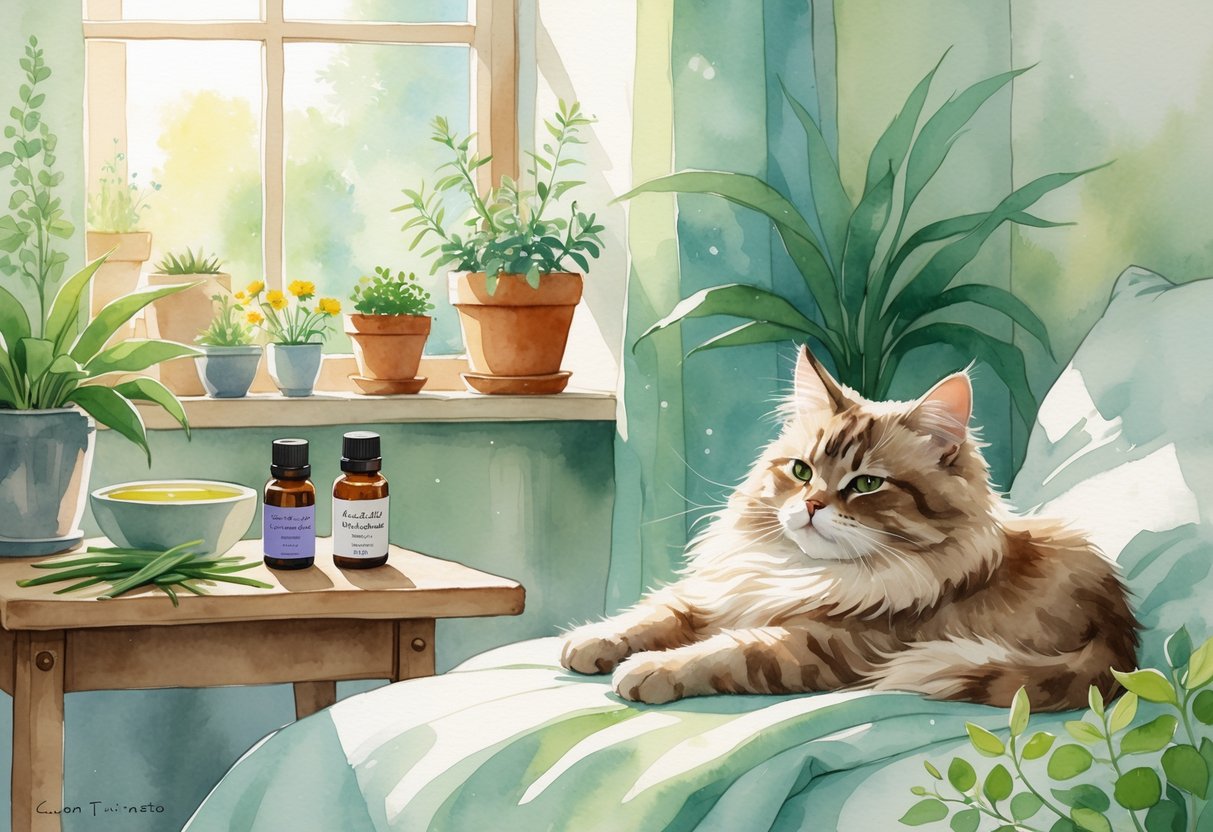A calm cat resting on a blanket next to natural healing remedies like aloe vera, chamomile tea, and lavender oil on a small table in a cozy room.