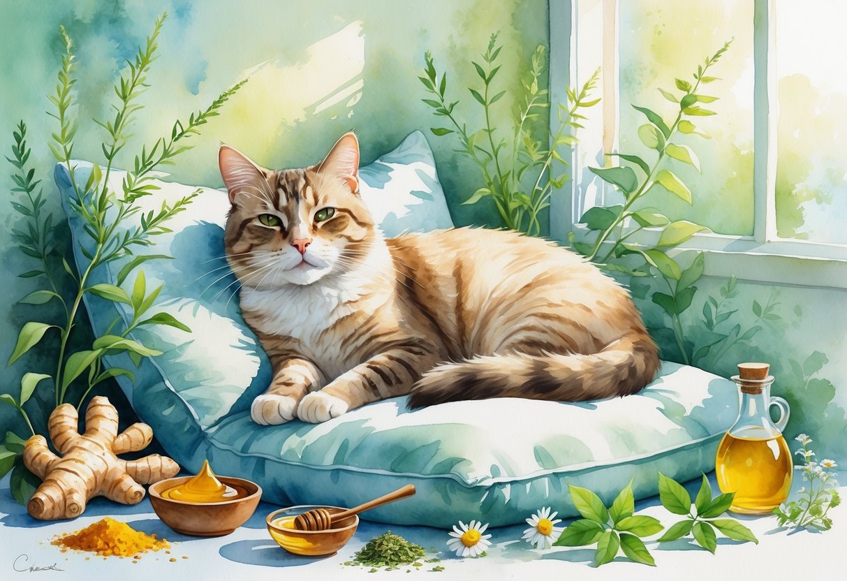 An elderly cat resting peacefully on a cushion surrounded by herbs and natural ingredients.
