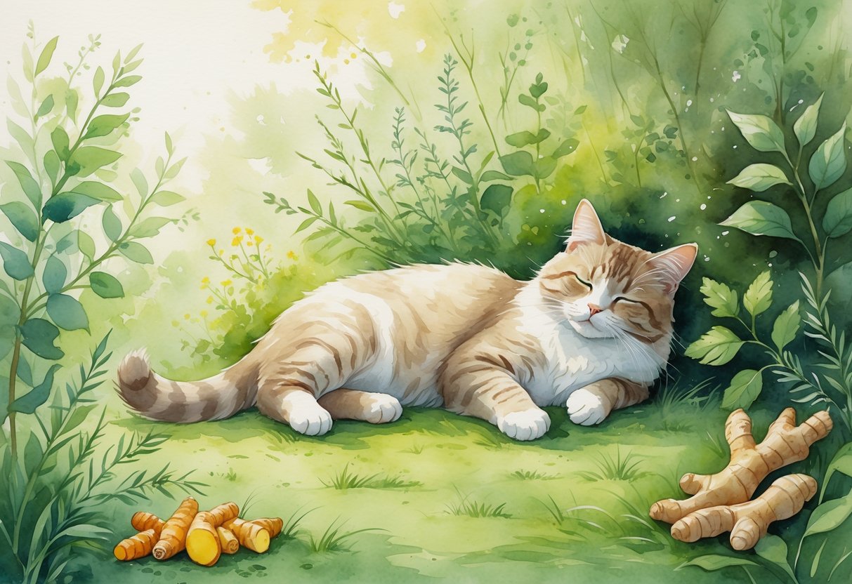 A peaceful cat resting on grass surrounded by healing plants in a calm garden setting.