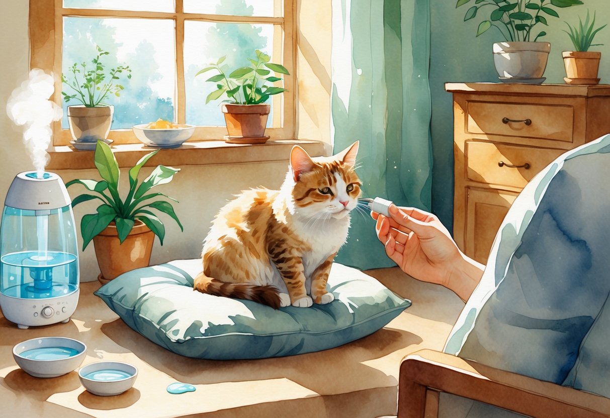 A calm cat sitting on a cushion by a sunny window with a person gently caring for its nose, surrounded by plants and a humidifier.