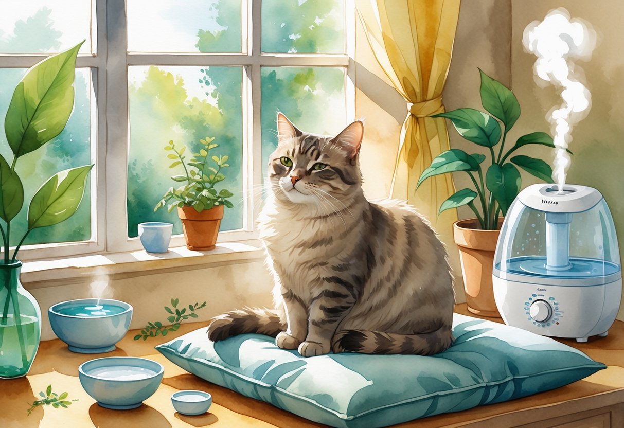 A calm cat sitting on a cushion near a sunny window with water, a humidifier, and plants around it in a cozy home setting.