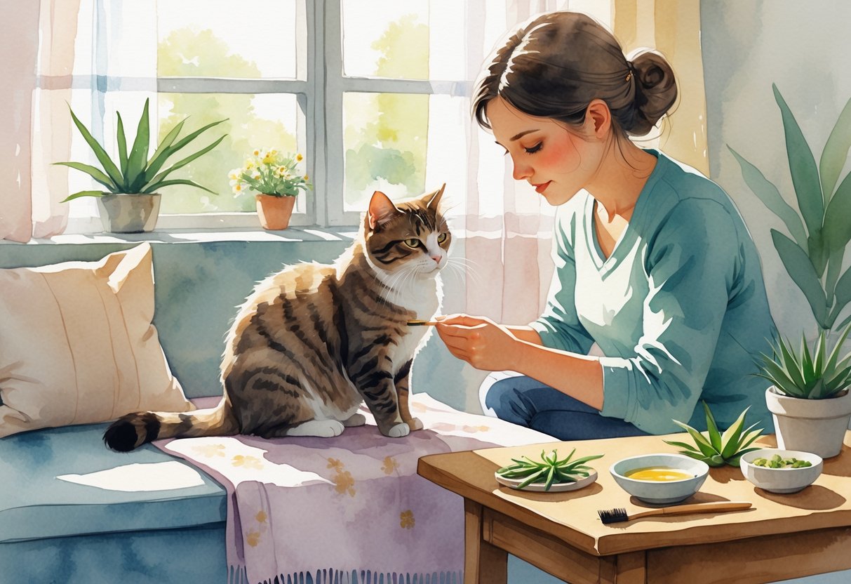 A person gently examining a cat with skin patches on a table near a window with natural light, surrounded by natural treatment items.