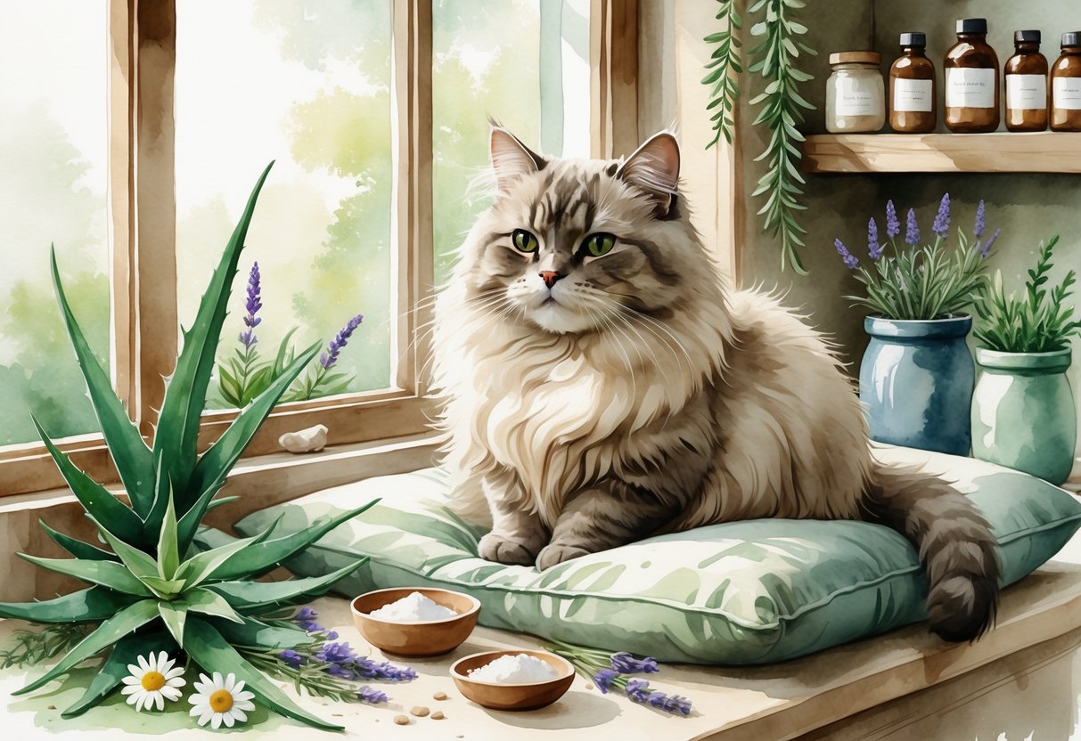 A cat sitting on a cushion near a window surrounded by natural plants and bowls of herbal remedies.