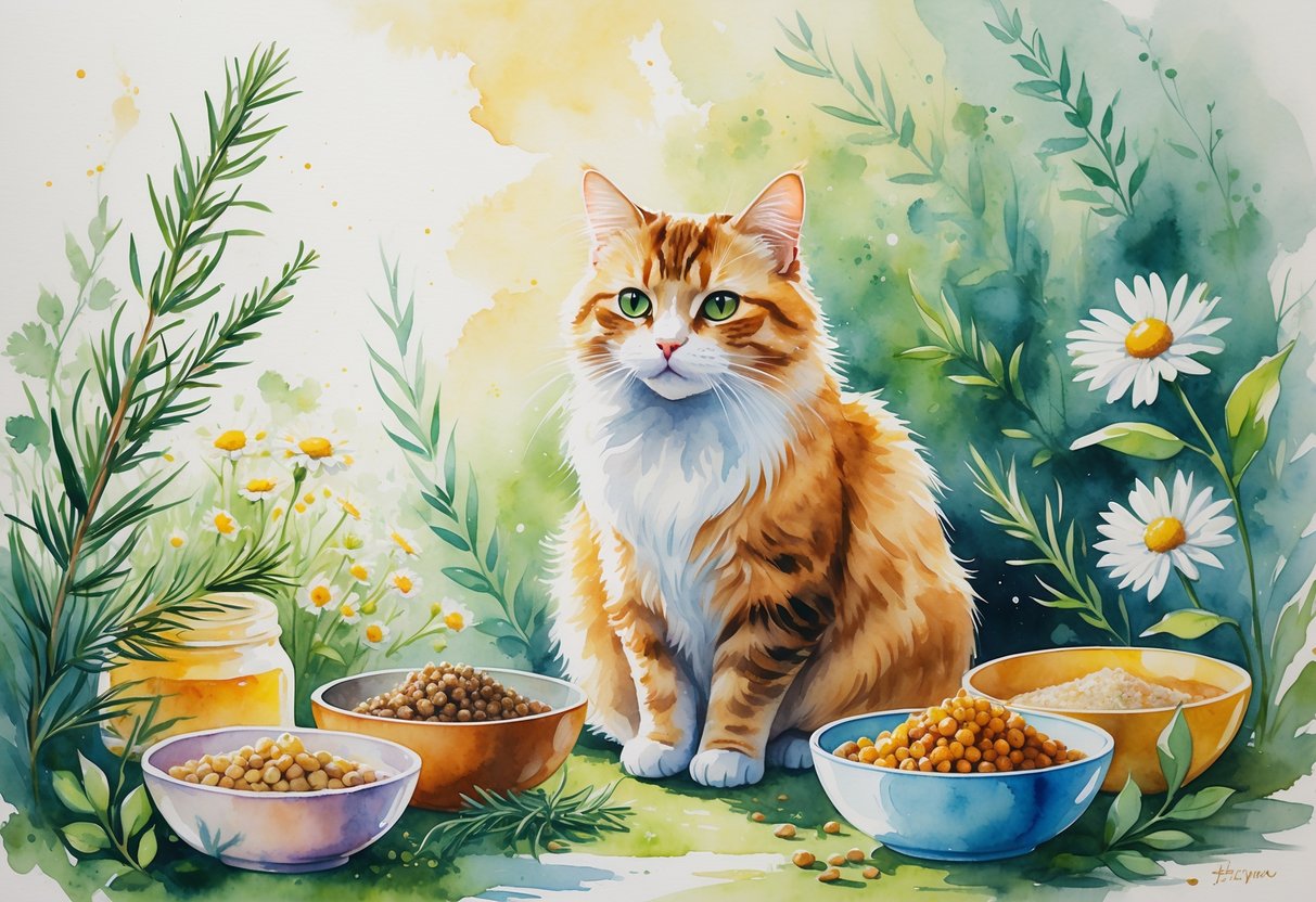 A healthy cat with a shiny coat sitting among herbs and natural plants, surrounded by bowls of nutritious food in a peaceful outdoor setting.