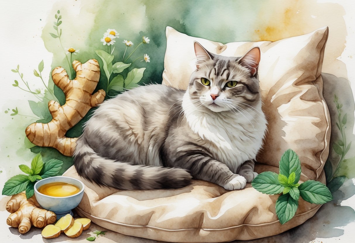 A calm cat sitting on a cushion with natural home remedies like chamomile tea, ginger, and peppermint nearby in a cozy room.