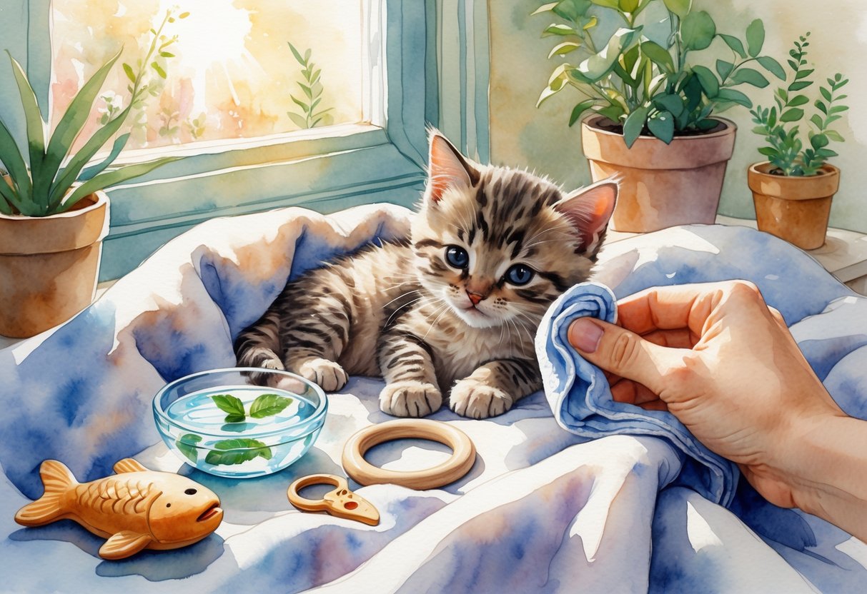 A small kitten resting on a blanket near a window with teething toys and a hand gently comforting it.