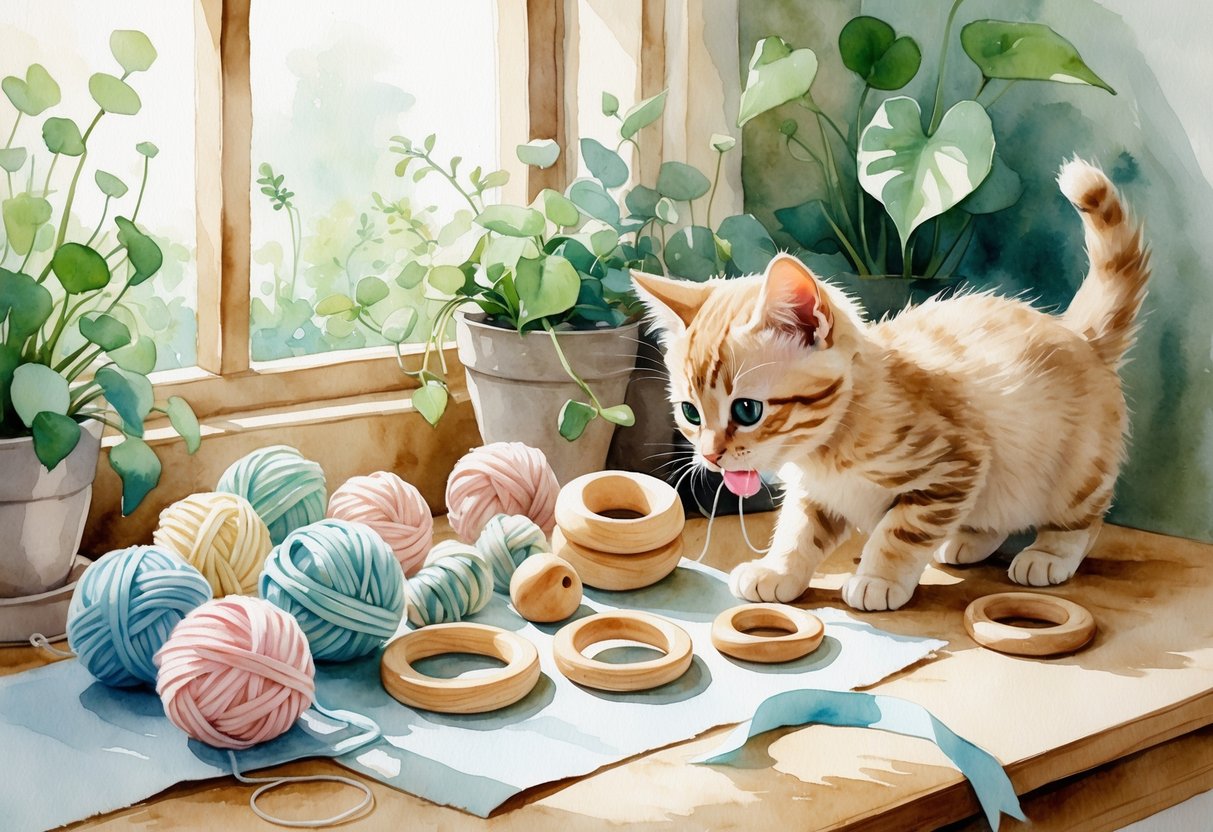 A kitten playing with handmade teething toys on a wooden table surrounded by crafting materials and plants.