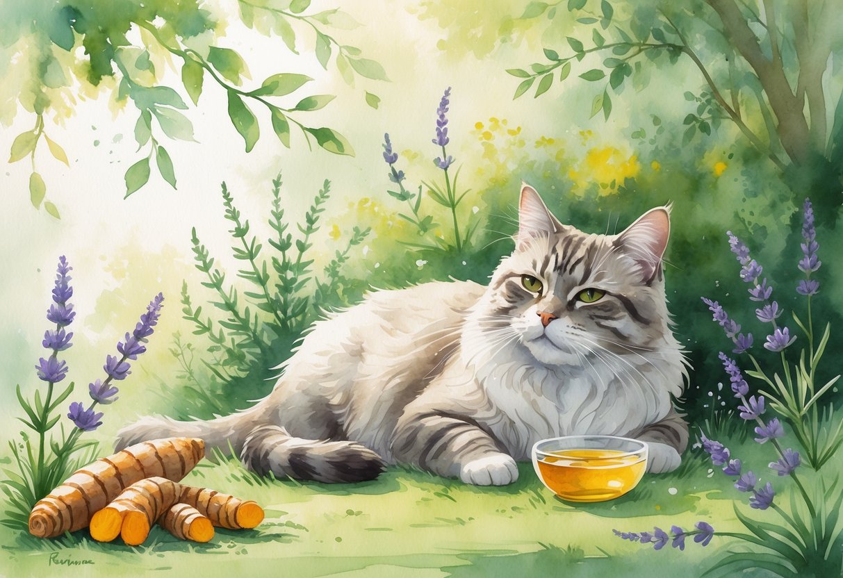 A peaceful senior cat resting on grass in a garden surrounded by natural herbs like turmeric, rosemary, and lavender with soft sunlight filtering through leaves.