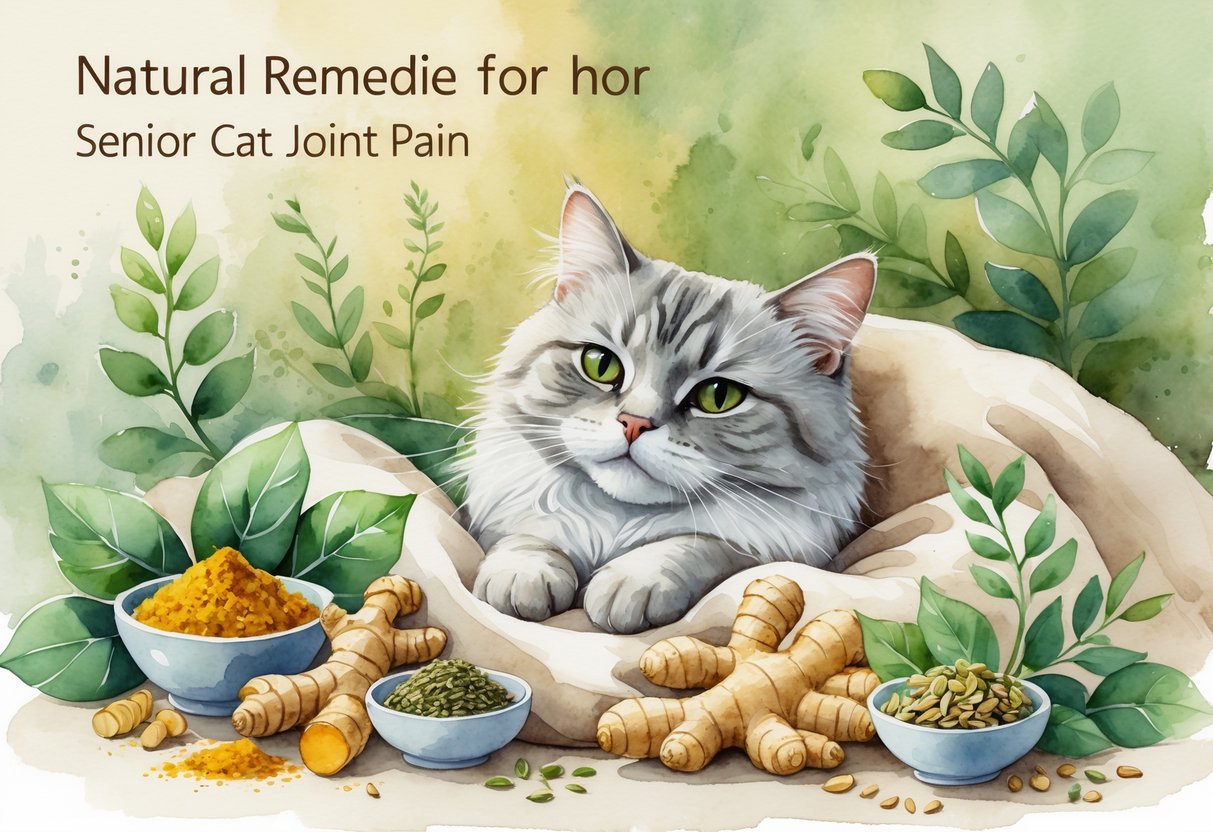 An elderly cat resting comfortably on a blanket surrounded by natural herbs and supplements.