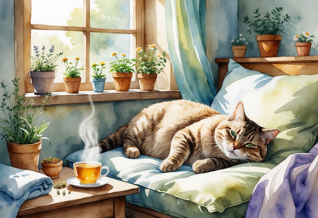 A senior cat resting comfortably on a cushion near a sunlit window surrounded by potted plants and soft blankets in a cozy room.