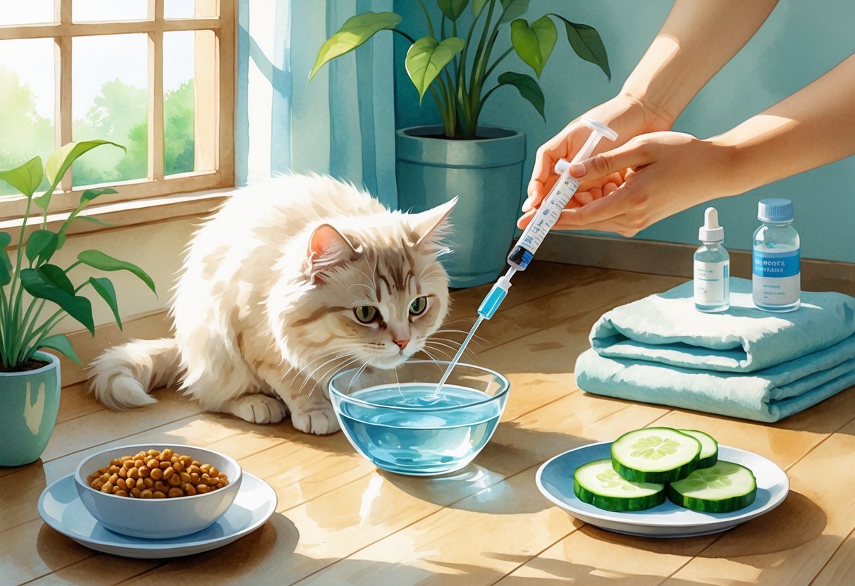 A cat drinking water from a bowl near a window with a person holding a small syringe, surrounded by cat food, a towel, and a plant in a cozy home setting.