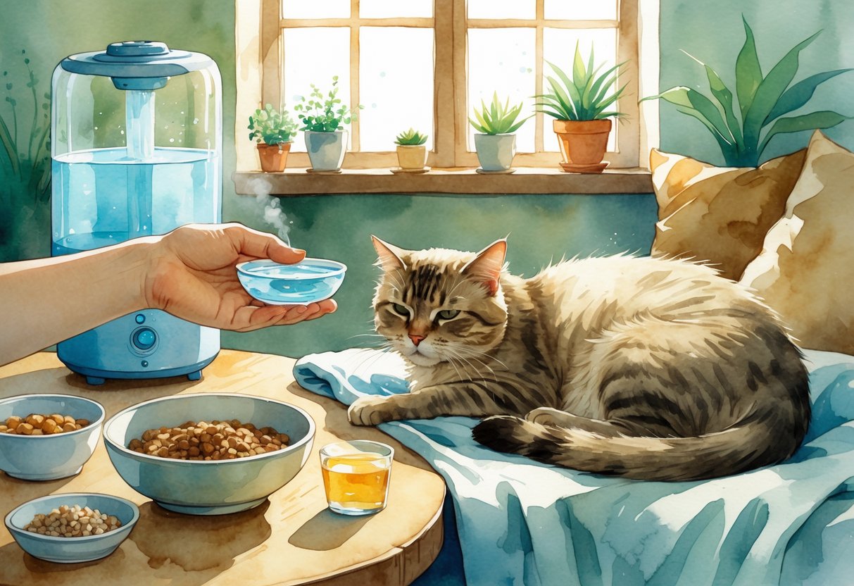 A person offering water to a tired cat resting on a blanket in a cozy home setting with natural remedies nearby.