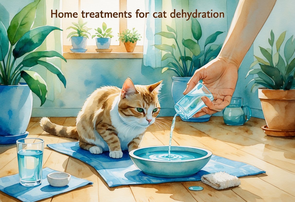A cat drinking water from a bowl indoors with gentle hands nearby and plants in the softly lit room.